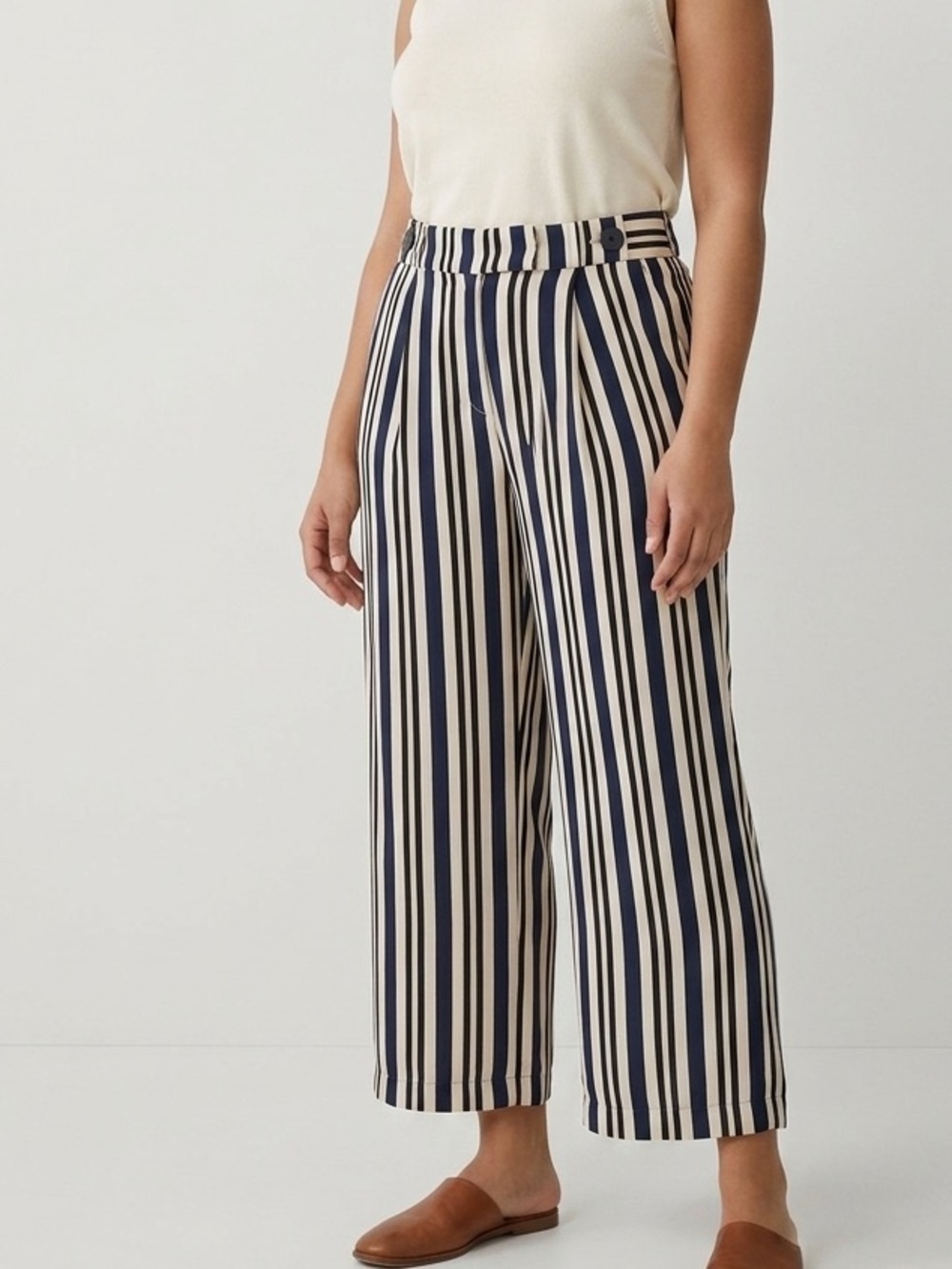 Zara Striped Wide Leg Ankle Pants Cream Navy High Rise Elastic Waist Large